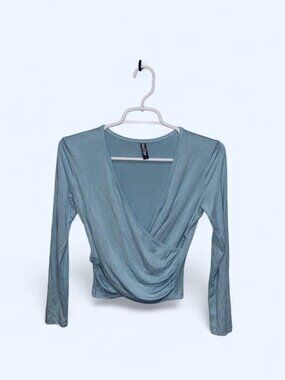 Blue Asymmetrical Wrap Long Sleeve Blouse